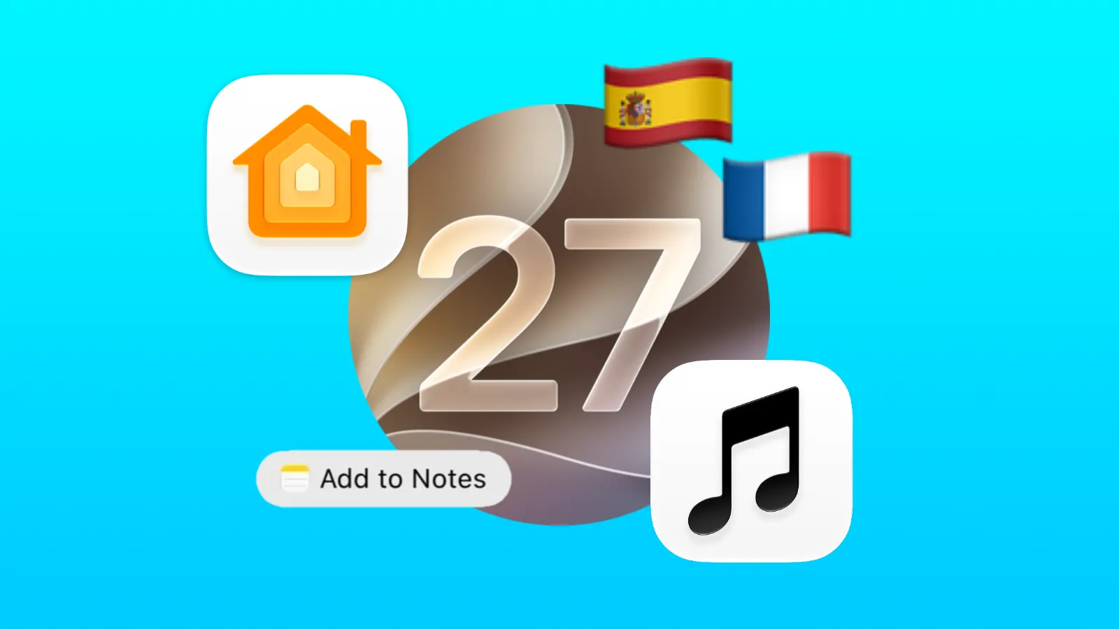 macOS logo surrounded by Apple UI elements, and app icons