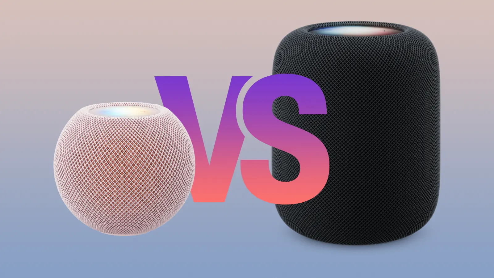 A HomePod mini next to a HomePod with VS text in between them.