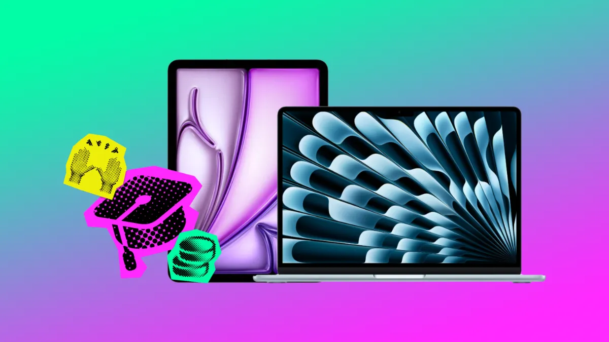 A MacBook Air and iPad Air on a green and purple background with graduation cap icon