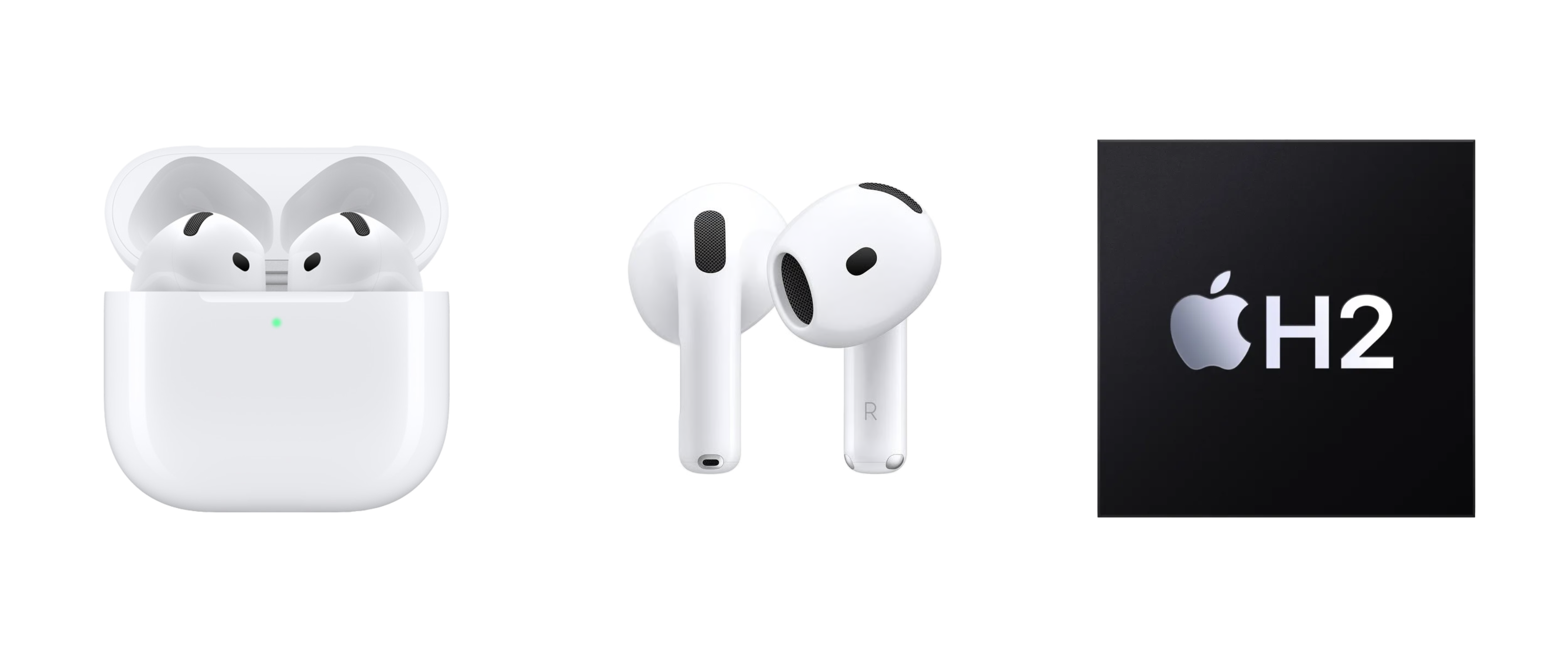 AirPods in case, AirPods out of case & H2 chip