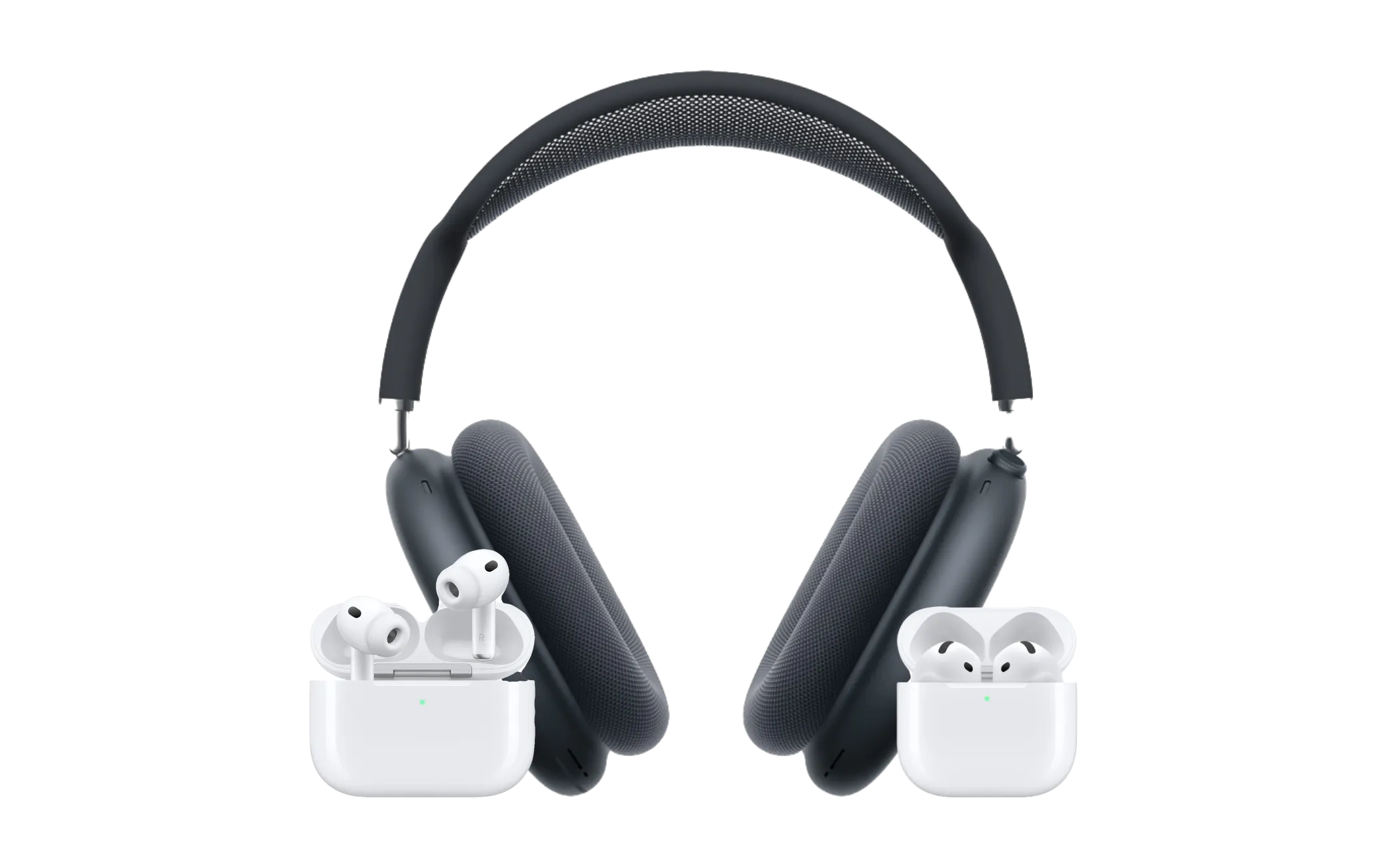 AirPods Pro, AirPods Max and Airpods next to eachother