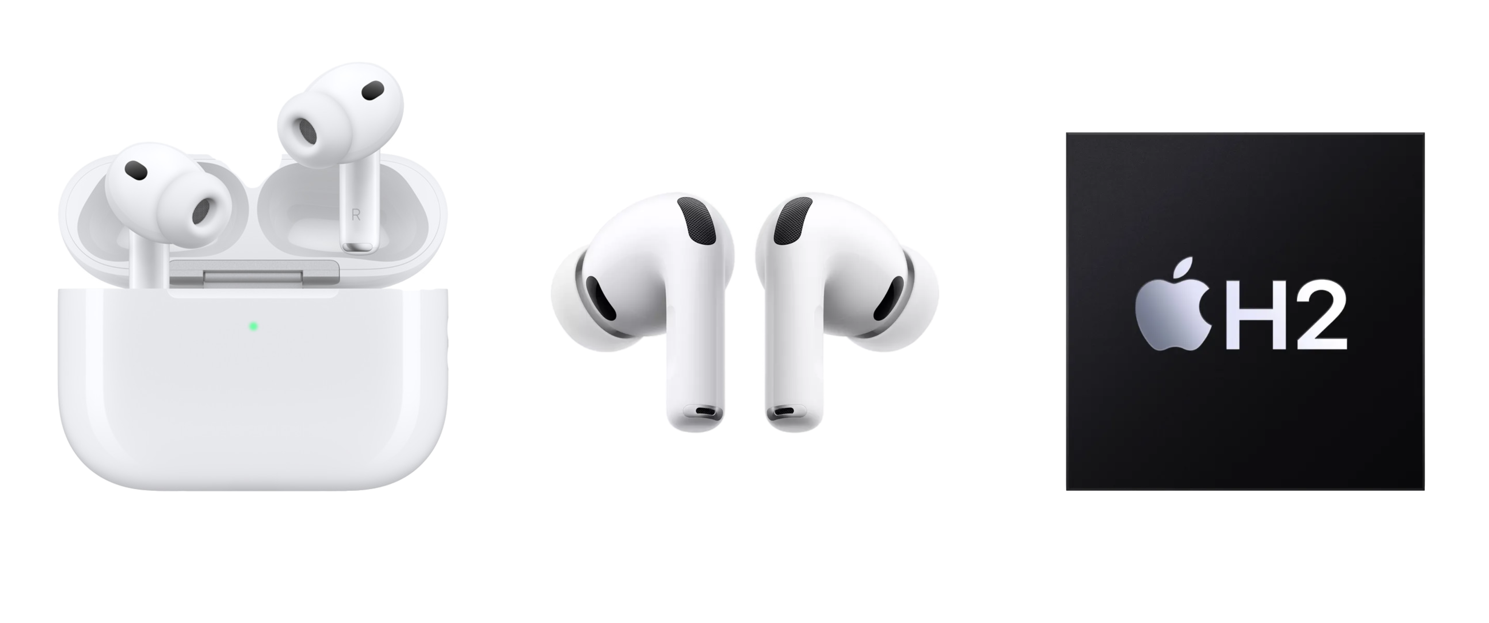 AirPods in case, AirPods out of case & H2 chip