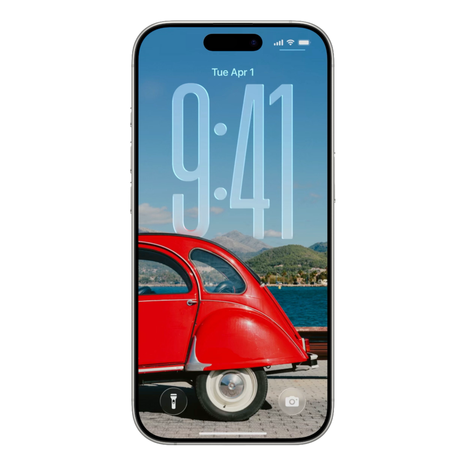 An iphone lockscreen with glassy buttons and time