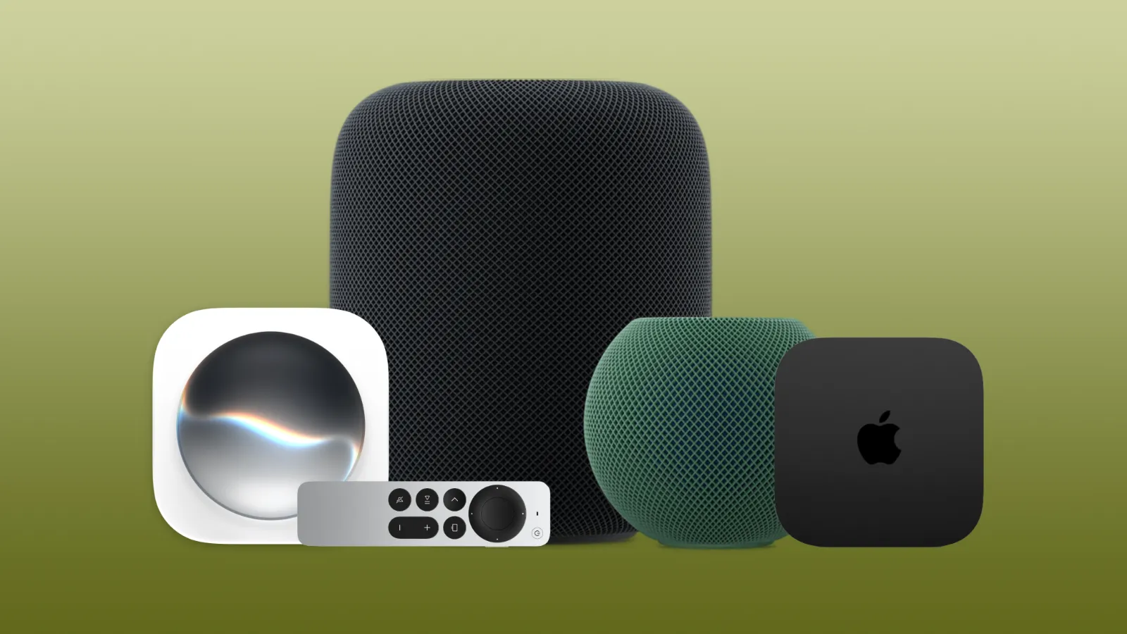 HomePod, HomePod mini and an Apple TV 4K next to the Siri AI icon