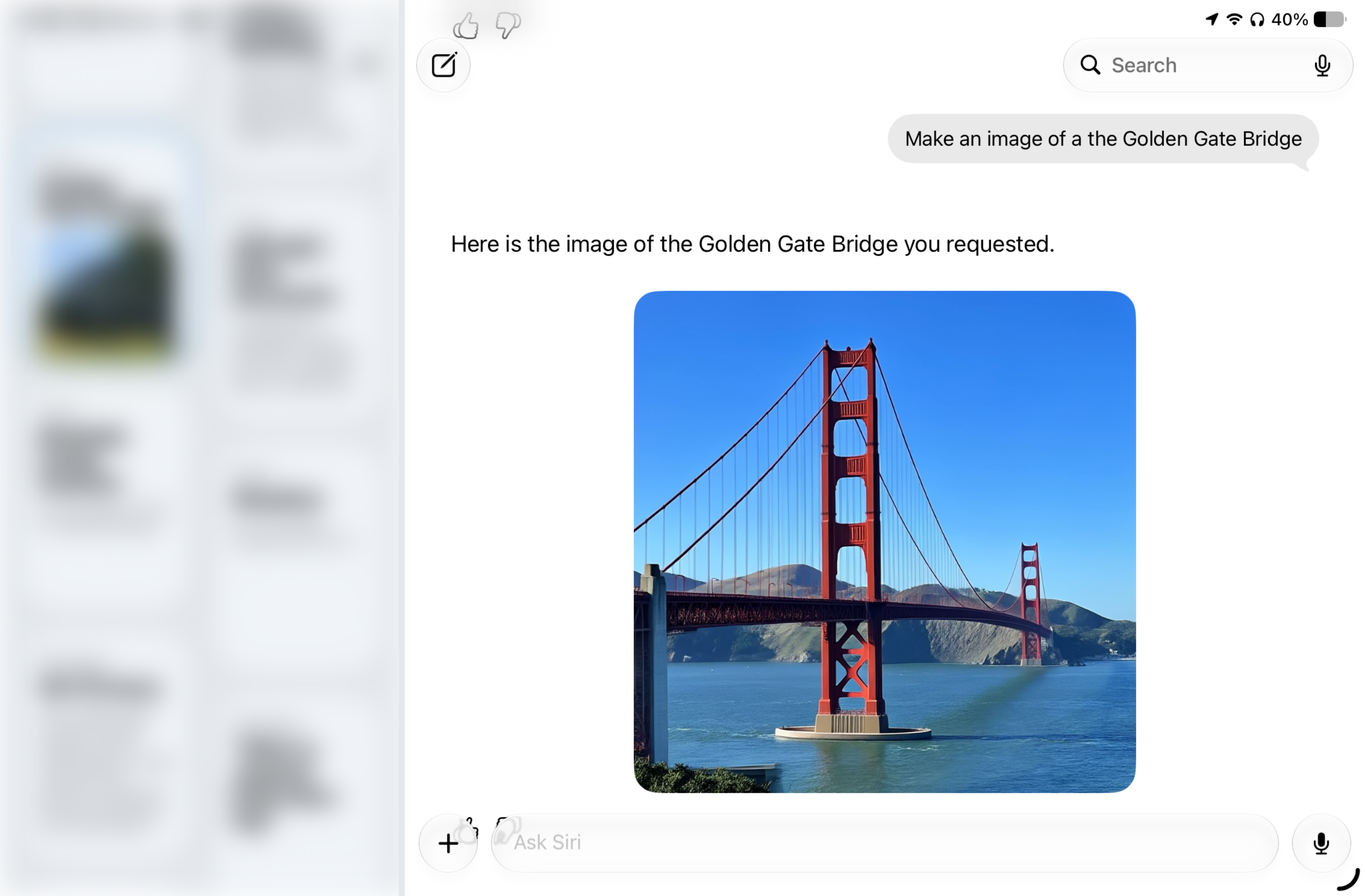 An AI image of the Golden Gate Bridge in the siri app