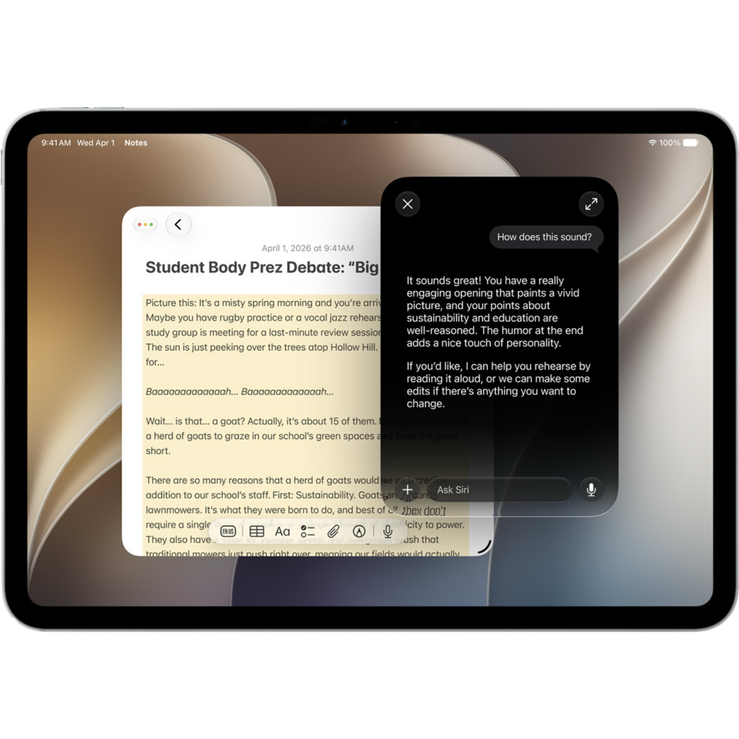 Siri AI popup on an iPad