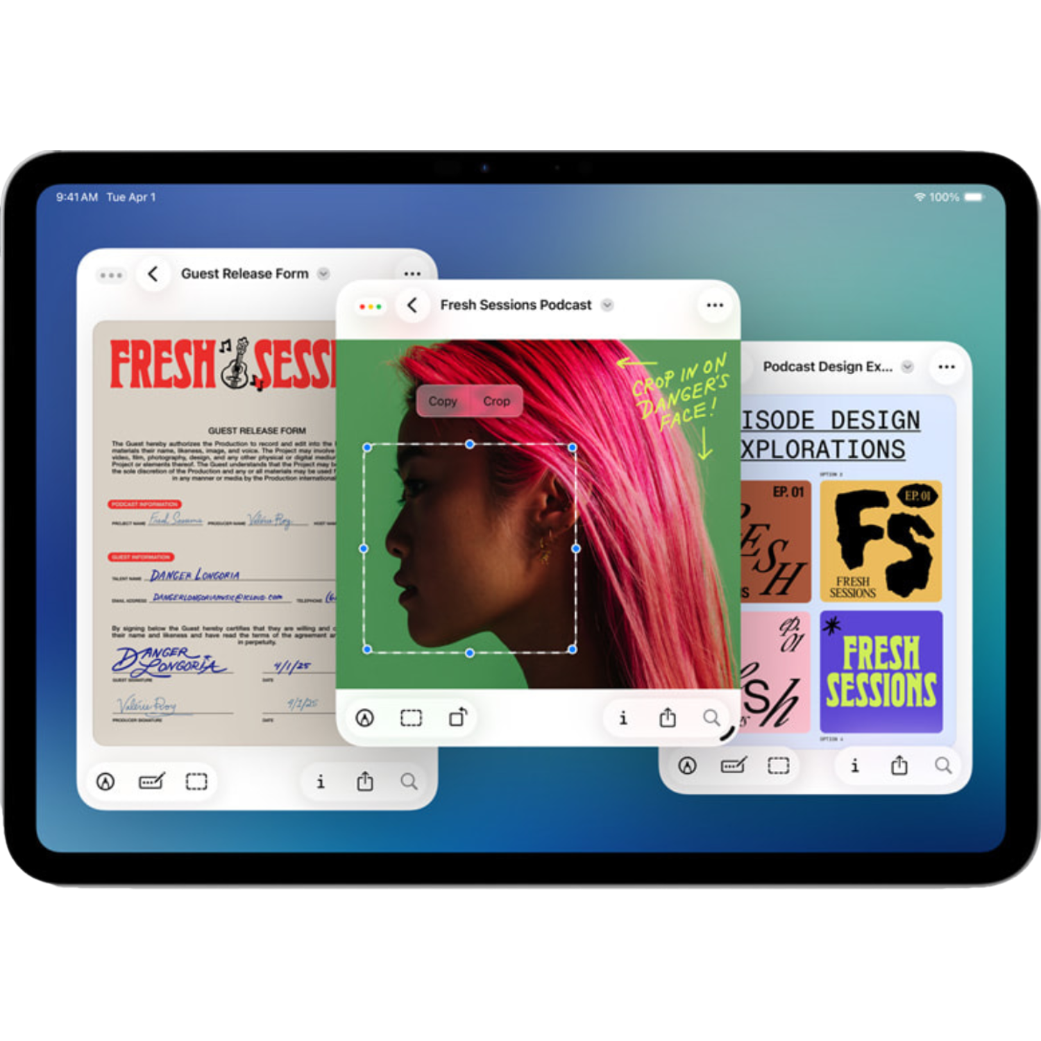 An iPad with multiple windows open