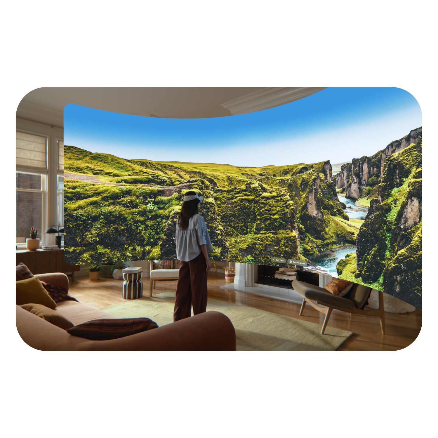 A woman viewing a spatial panorama wearing Apple Vision Pro