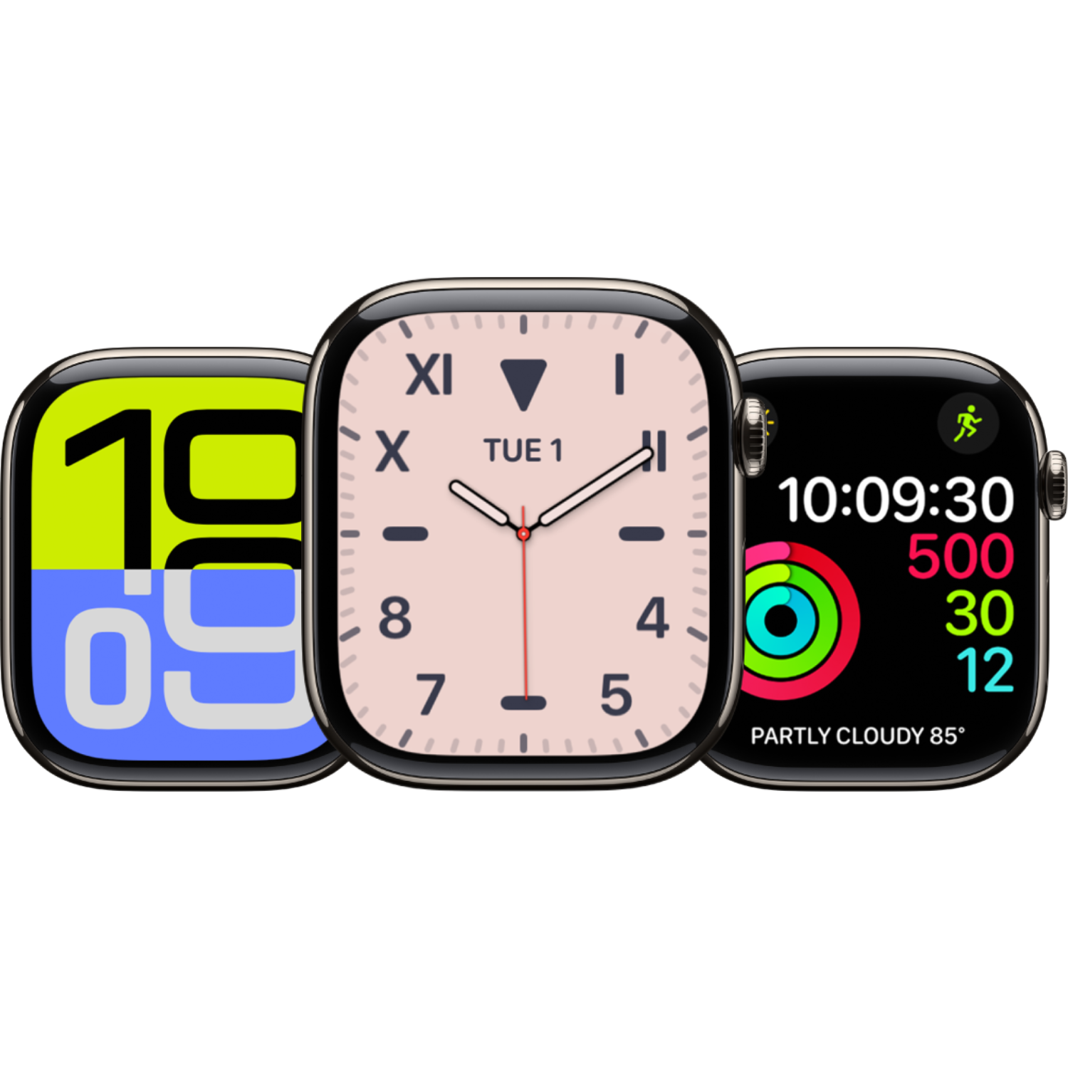 Three Apple Watches with different watch faces