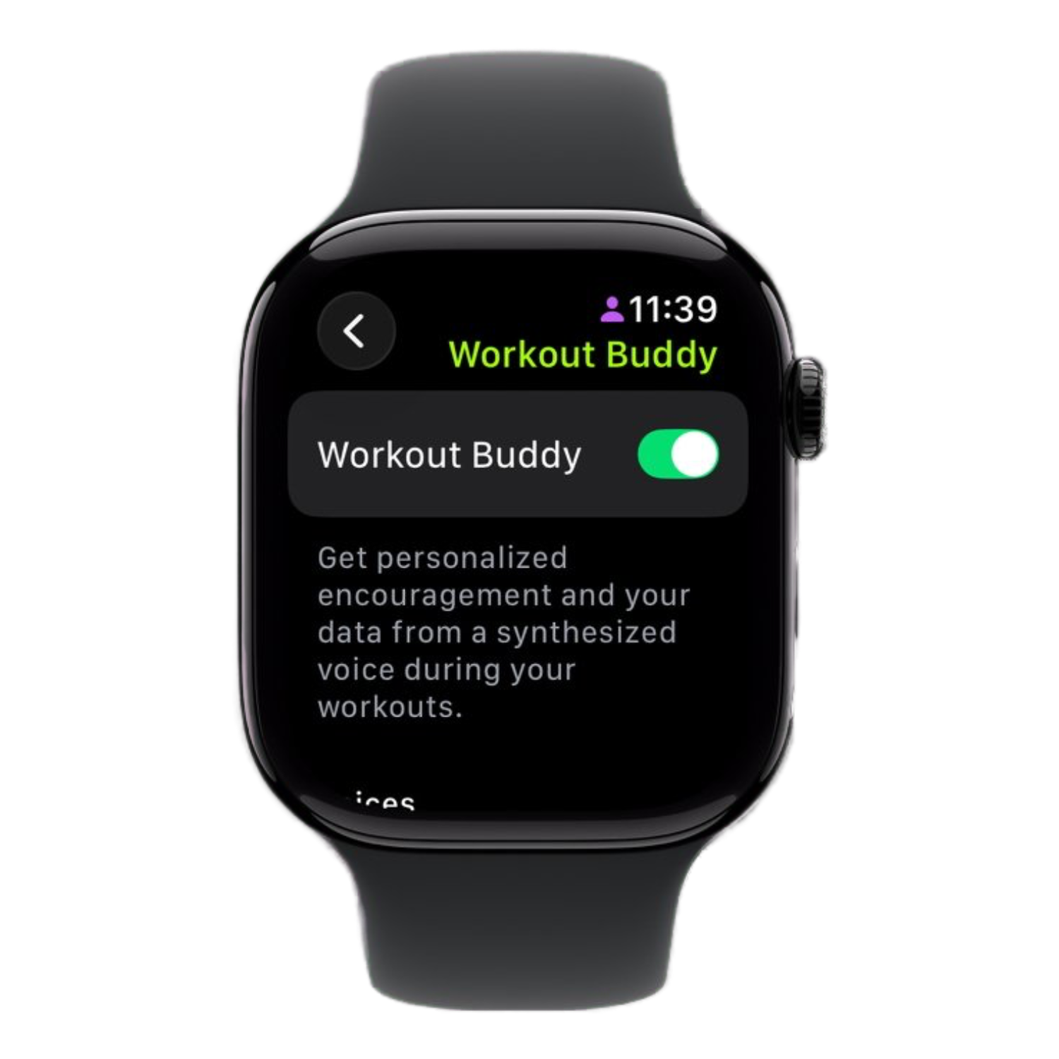 Setting to turn on Workout Buddy on an Apple Watch